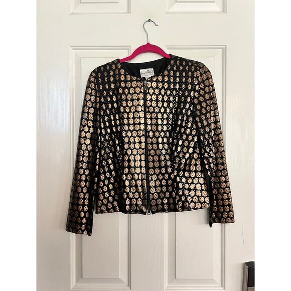 Joseph Ribkoff Women's Black Glittery Metallic Copper Dots Zip Jacket Size 4 - Picture 1 of 6